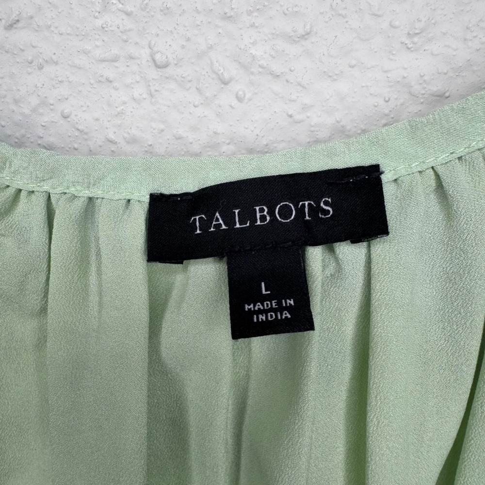 Talbots Womens L Mint Green‎ Blue Floral Smocked Split Neck Viscose Blouse Lined - Picture 3 of 7